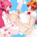  2girls animated animated_gif blue_eyes breast_press breasts cat_ears cat_girl cleavage gigantic_breasts hand_holding hataraki_ari huge_breasts long_hair multiple_girls orange_hair pink_hair red_eyes short_hair symmetrical_docking 