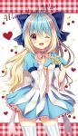  ;d bangs blonde_hair blue_bow blue_gloves blue_hair blue_skirt blush bow cherry commentary_request copyright_name eyebrows_visible_through_hair food fruit gloves hair_between_eyes hair_bow head_tilt heart heart_hands kuroe_(sugarberry) little_alice_(wonderland_wars) long_sleeves looking_at_viewer multicolored_hair one_eye_closed open_mouth pink_bow puffy_short_sleeves puffy_sleeves red_eyes shirt short_over_long_sleeves short_sleeves skirt smile solo striped striped_legwear sunshine_creation thighhighs two-tone_hair vertical-striped_legwear vertical_stripes white_shirt wide_sleeves wonderland_wars 