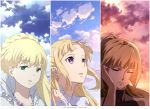  absurdres aldnoah.zero asseylum_vers_allusia blonde_hair closed_eyes closed_mouth cloud cloudy_sky commentary_request day dress dusk green_eyes gundam gundam_tekketsu_no_orphans hair_bun half_updo highres jewelry kudelia_aina_bernstein long_hair morning multiple_girls necklace open_mouth ortfine_fredericka_von_eylstadt ponytail princess purple_eyes shou_xian_wu shuumatsu_no_izetta sky trait_connection white_dress 