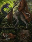  2018 5_fingers anthro bite black_pawpads canine claws clothed clothing comic detailed_background dog fangs feral forest fur green_scales grey_fur ishaway lying male mammal myenia on_front open_mouth outside pawpads paws red_lantern reptile rukis scales scalie snake tree yellow_eyes 