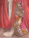  2018 4_toes 5_fingers ahsan anklet anthro armlet black_nose black_stripes bracelet claws clothed clothing collar curtains ear_piercing fur gold_(metal) gold_jewelry grey_fur harem_outfit hyena inside jewelry kneeling loincloth looking_at_viewer male mammal navel partially_clothed pawpads piercing red_eyes rukis signature solo striped_hyena stripes toes 