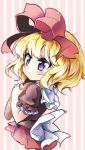  baguette blonde_hair blush bread capelet commentary_request fifiruu food frilled_sleeves frills holding holding_food looking_to_the_side medicine_melancholy medium_hair puffy_short_sleeves puffy_sleeves purple_eyes red_ribbon ribbon short_sleeves striped striped_background touhou white_ribbon 