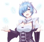 blue_eyes blue_hair breasts cleavage commentary_request detached_sleeves falling_feathers fangs feathers frilled_sleeves frills hair_ornament hair_over_one_eye hashimoto_(frog_flag) large_breasts maid maid_headdress open_mouth purple_ribbon re:zero_kara_hajimeru_isekai_seikatsu rem_(re:zero) ribbon ribbon-trimmed_clothes ribbon_trim short_hair underbust wide_sleeves x_hair_ornament 