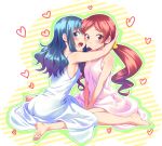  :d ass bare_arms barefoot blue_eyes blue_hair breasts closed_mouth commentary_request dress eyebrows_visible_through_hair feet hanasaki_tsubomi heart heartcatch_precure! henshin highres hug kurumi_erika long_hair looking_at_viewer multiple_girls open_mouth pink_dress precure red_eyes red_hair short_hair sideboob sitting sleeveless sleeveless_dress smile striped striped_background tenkuu_nozora twintails wariza 