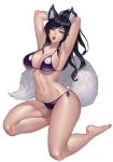  adjusting_hair ahri animal_ears armpits bangs barefoot bikini black_hair breasts cleavage commentary detached_sleeves english_commentary eyelashes feet fox_ears fox_tail highres karmiel large_breasts league_of_legends lips navel parted_lips ponytail shiny shiny_skin simple_background solo swept_bangs swimsuit tail underboob whisker_markings white_background yellow_eyes 