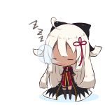  :3 ahoge arm_guards bangs beni_shake black_bow black_coat black_legwear bow breasts chibi cleavage closed_eyes closed_mouth commentary_request dark_skin dress facing_viewer fate/grand_order fate_(series) full_body hair_bow hair_ornament long_hair medium_breasts okita_souji_(alter)_(fate) okita_souji_(fate)_(all) red_dress shadow short_sleeves silver_hair sleeping sleeping_upright solo standing tassel thighhighs very_long_hair white_background wide_sleeves zzz 