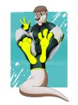  2018 3_toes 5_fingers absurd_res anthro armwear bodysuit brown_fur bulge butt catsuit_(disambiguation) clothed clothing costume cute digital_drawing_(artwork) digital_media_(artwork) digitigrade feet footwear fur girly gloves glowing green_eyes hair hi_res hybrid kangaroo kelani krazykurt legwear looking_at_viewer male mammal marsupial mustelid open_mouth otter pawpads paws plugsuit rubber rubber_suit shiny simple_background skinsuit smile solo standing suit tight_clothing toes tongue 