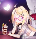  artist_name black_choker blonde_hair blue_eyes blush cake_(isiofb) chinese_commentary choker commentary_request copyright_request cup curtains drinking_glass elbow_rest elbows_on_table glasses hair_ornament heart highres lightning_bolt lightning_bolt_hair_ornament long_hair looking_at_viewer looking_to_the_side one_eye_closed parted_lips pink-framed_eyewear round_eyewear see-through shirt short_sleeves solo star star-shaped_pupils striped striped_shirt symbol-shaped_pupils vertical-striped_shirt vertical_stripes very_long_hair white_shirt 