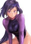 ayame_(gundam_build_divers) black_hair breasts commentary_request diving_suit gundam gundam_build_divers hair_ornament highres kilye_4421 large_breasts lips long_hair long_sleeves low_ponytail purple_eyes shiny shiny_skin solo 