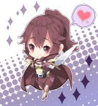  anna_(fire_emblem) armored_boots bangs blush boots breasts brown_cape brown_eyes brown_gloves brown_hair brown_jacket brown_shorts chibi closed_mouth commentary eyebrows_visible_through_hair fingerless_gloves fire_emblem fire_emblem:_kakusei gloves hair_between_eyes halftone halftone_background heart high_ponytail holding holding_sword holding_weapon indoors jacket knee_boots long_hair long_sleeves looking_at_viewer medium_breasts milkpanda ponytail puffy_long_sleeves puffy_sleeves shirt short_shorts shorts smile solo sparkle spoken_heart standing sword weapon yellow_shirt 