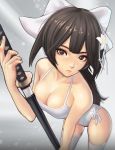  absurdres azur_lane bangs breasts brown_eyes brown_hair closed_mouth commentary_request flower hair_flower hair_ornament hat highres holding holding_sword holding_weapon jungon_kim looking_at_viewer short_hair solo sword takao_(azur_lane) weapon white_hat white_legwear 