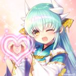  1girl blush dragon_girl dragon_horns fate/grand_order fate_(series) green_hair heart heart-shaped_pupils heart_hands horns japanese_clothes kimono kiyohime_(fate/grand_order) looking_at_viewer minamo25 one_eye_closed open_mouth smile solo symbol-shaped_pupils wide_sleeves yellow_eyes 