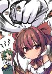  absurdres animal_ears animal_hat apron bangs bell blush bow breasts brown_eyes brown_hair bunny_ears cat_ears cat_hat cleavage clenched_hand closed_mouth commentary_request dejiko di_gi_charat dice_hair_ornament dutch_angle dyson_(edaokunnsaikouya) eating eyebrows_visible_through_hair food green_eyes green_hair hair_bell hair_between_eyes hair_bow hair_ornament hat highres holding holding_food jingle_bell long_hair looking_at_viewer majin_gappa mittens mochi multiple_girls parted_bangs puffy_short_sleeves puffy_sleeves punching red_bow shirt short_sleeves small_breasts twintails two_side_up usada_hikaru white_apron white_background white_hat white_mittens white_shirt 
