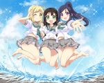  ;&lt; bangs barefoot black_hair blonde_hair closed_mouth cloud commentary_request day eyebrows_visible_through_hair green_eyes green_neckwear grey_skirt highres kurosawa_dia long_hair looking_at_viewer love_live! love_live!_sunshine!! matsuura_kanan multiple_girls navel ocean ohara_mari one_eye_closed open_mouth outstretched_hand panties pleated_skirt purple_eyes short_hair skirt sky smile teio underwear waves white_panties yellow_eyes 