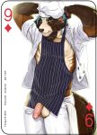  2018 abs anthro apron balls brown_fur canine card chef chef_hat clothed clothing digital_media_(artwork) english_text fonyaa fur green_eyes hair hat humanoid_penis looking_at_viewer male mammal muscular muscular_male nipples pants pecs penis playing_card shirt simple_background smile solo standing tanuki tanukiami text 