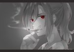  aozaki_touko bangs cigarette commentary_request eyebrows_visible_through_hair greyscale hair_between_eyes hand_up kara_no_kyoukai karinto_yamada letterboxed long_hair looking_at_viewer monochrome ponytail portrait red_eyes sidelocks signature smoke smoking solo spot_color 