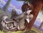  2018 anthro bedroom_eyes blue_eyes blueberry_(fruit) blush bracelet brown_hair canine claws detailed_background female field flower fluff-kevlar fog food fruit grass grey_wolf hair half-closed_eyes hi_res jewelry looking_at_viewer mammal markings mountain pawpads plant pussy revealing_(disambiguation) seductive short_hair signature smile solo tala_(fluff-kevlar) teasing tree tribal tribal_markings url wolf 