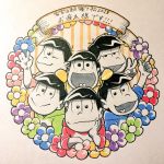  black_hair brothers chin_rest flower heart heart_in_mouth highres hood hoodie looking_at_viewer male_focus marker_(medium) matsuno_choromatsu matsuno_ichimatsu matsuno_juushimatsu matsuno_karamatsu matsuno_osomatsu matsuno_todomatsu multiple_boys osomatsu-kun osomatsu-san raglan_sleeves sextuplets siblings tanako_(love-soldier) traditional_clothes traditional_media v waving wreath 