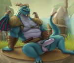  2018 3_toes 4_fingers anthro arm_wraps balls belt blue_scales bottomless bubba_(spyro) clothed clothing dragon erection front_view grass humanoid_penis looking_at_viewer male muscular muscular_male noodlewd outside partially_clothed partially_retracted_foreskin penis presenting presenting_penis scales sitting smile solo spyro_reignited_trilogy spyro_the_dragon toes tree uncut video_games wings wraps 