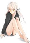  absurdres artoria_pendragon_(all) bangs barefoot black_nails black_ribbon black_shorts breasts closed_mouth collarbone commentary_request eyebrows_visible_through_hair fate/grand_order fate_(series) feet fingernails flat_(joppin_karu!) full_body hair_between_eyes hair_ribbon highres hood hood_down hoodie knees_up legs long_fingernails long_hair long_sleeves looking_at_viewer low_ponytail nail_polish ribbon saber_alter short_shorts shorts sidelocks simple_background solo toenail_polish toenails toes white_background white_hair yellow_eyes 