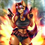 2018 anthro big_breasts blurred_background breasts cleavage clothed clothing dog_tags dual_wielding ear_piercing equine explosion eyelashes eyewear fan_character female fingerless_gloves fully_clothed gloves goggles grey_eyes grin gun hair handgun hi_res holding_object holding_weapon holster horn igazella legwear mammal midriff multicolored_hair my_little_pony navel outside piercing pistol portrait pose ranged_weapon shirt shorts smile solo standing sweet_voltage tank_top teeth thigh_highs three-quarter_portrait two_tone_hair unicorn weapon 