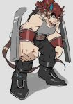  absurdres belt black_footwear boots brown_hair buffalo723 clenched_hands closed_mouth grey_background grey_shirt helmet highres juuni_taisen looking_at_viewer male_focus muscle red_eyes shaded_face shirt simple_background solo souma_yoshimi tank_top 