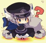  &gt;_&lt; :3 ? animal animal_ear_fluff animal_ears bangs black_hat black_jacket black_legwear blue_eyes blush blush_stickers cat cat_ears cat_girl cat_tail chain chibi closed_eyes closed_mouth commentary_request full_body hair_between_eyes hands_up hat heart jacket long_sleeves military_hat military_jacket mole mole_under_eye muuran original pants pantyhose peaked_cap puffy_pants short_hair sidelocks signature silver_hair sleeves_past_fingers sleeves_past_wrists solo standing star tail white_pants wide_sleeves yellow_background 