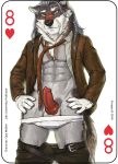  2018 animal_genitalia animal_penis anthro antlers ball balls belt canine canine_penis card clothed clothing digital_media_(artwork) english_text erection fonyaa fur hair horn jacket knot male mammal multicolored_fur muscular muscular_male necktie panties pants pecs penis playing_card professor scar shirt simple_background smile solo standing text underwear white_fur wolf 