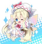  ;d bangs blonde_hair blue_eyes blush boots bow chibi commentary dress eyebrows_visible_through_hair fairy_wings hair_between_eyes halftone halftone_background hand_up hat hat_bow lily_white long_hair long_sleeves milkpanda one_eye_closed open_mouth outstretched_arm red_bow sleeves_past_wrists smile solo sparkle thighhighs thighs touhou v very_long_hair white_background white_dress white_footwear white_hat white_legwear wide_sleeves wings 