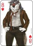  2018 anthro antlers ball belt canine card clothed clothing digital_media_(artwork) english_text fonyaa fur hair horn jacket male mammal muscular muscular_male necktie pants playing_card professor scar shirt simple_background smile solo standing text white_fur wolf 