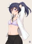  ayame_(gundam_build_divers) bangs black_hair black_skirt bra breasts cleavage commentary dated dressing fujisawa_aya_(gundam_build_divers) gundam gundam_build_divers honda_naoki long_hair long_sleeves mouth_hold navel open_clothes purple_bra purple_eyes shiny shiny_hair shiny_skin side_ponytail skirt small_breasts solo stomach striped striped_bra tying_hair underwear 