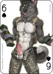  2018 abs animal_genitalia animal_penis anthro balls blep canine canine_penis card clothed clothing digital_media_(artwork) dog dog_tags english_text erection explosives fonyaa fur grey_fur hair husky knot male mammal military muscular muscular_male navel nipples pants partially_clothed pecs penis playing_card simple_background smile solo standing text tongue tongue_out topless uniform 