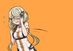  adjusting_hair bangs bare_shoulders blush braid breasts buckle cleavage collarbone commentary dress girls_frontline green_eyes hair_ornament hairclip harness leaning_forward long_hair looking_at_viewer low_twintails lowres medium_breasts open_mouth orange_background short_dress sidelocks simple_background solo strap strapless strapless_dress tac-50_(girls_frontline) terras twintails upper_body zipper 