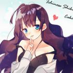  artist_name bangs bare_shoulders black_tank_top blue_eyes blush brown_hair cake_(isiofb) character_name collarbone commentary_request eyebrows_visible_through_hair finger_to_mouth fingernails head_tilt heart ichinose_shiki idolmaster idolmaster_cinderella_girls long_hair looking_at_viewer off_shoulder parted_lips shirt smile solo strap_slip tank_top very_long_hair white_shirt 
