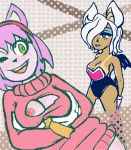  2018 amy_rose anthro big_breasts blush breasts cleavage clothed clothing digital_media_(artwork) duo eyeshadow female flashing fur hair hi_res keyhole_turtleneck lipstick makeup mammal nipples open_mouth pink_fur rouge_the_bat simple_background smile sodastream sonic_(series) suntan sweater tan_line video_games 