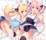  :d animal_ears ass black_legwear blonde_hair blue_eyes blush cat_ears cat_tail commentary_request dress eyebrows_visible_through_hair fox_ears fox_tail frills long_hair looking_at_viewer multiple_girls no_panties open_mouth original outstretched_arm pink_hair red_eyes sazaki_ichiri smile tail thighhighs two_side_up white_legwear 