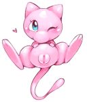 &lt;3 blue_eyes blush female front_view fur hi_res legendary_pok&eacute;mon long_tail mew nintendo one_eye_closed pink_fur plump_labia pok&eacute;mon pok&eacute;mon_(species) presenting presenting_pussy pussy simple_background solo spread_legs spreading video_games white_background wink young ɯ(_&ndash;_&ndash;_)ɯ 