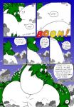  ! 2006 ? anthro blue_eyes claws comic dnapalmhead dragon english_text green_scales growth macro male muscular obese onomatopoeia overweight redsaber scales scalie smile sound_effects speech_bubble text traditional_media_(artwork) 