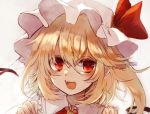  :d ascot beige_background blonde_hair blush commentary_request eyebrows_visible_through_hair fangs flandre_scarlet frilled_shirt_collar frills hair_between_eyes hands_up hat hat_ribbon looking_at_viewer maho_moco mob_cap one_side_up open_mouth portrait red_eyes red_ribbon ribbon short_hair simple_background smile solo touhou white_hat wings yellow_neckwear 