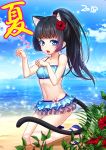  2018 absurdres animal_ears arms_up beach bikini bikini_skirt black_hair blue_bikini blue_eyes blue_swimsuit cat_ears cat_tail cloud commentary_request day elin_(tera) flower hair_flower hair_ornament high_heels highres kneeling long_hair mugen618 navel ocean open_mouth outdoors paw_pose ponytail shoes sky smile solo swimsuit tail tera_online water 