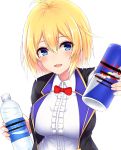  1girl :d ahoge bangs bar_censor black_jacket blue_eyes blush bottle bow bowtie breasts can censored center_frills collared_shirt commentary_request energy_drink etan14 eyebrows_visible_through_hair frills hair_between_eyes highres holding holding_bottle holding_can jacket large_breasts long_hair long_sleeves looking_at_viewer open_clothes open_jacket open_mouth outstretched_arm pocari_sweat pointless_censoring red_bull red_neckwear shirt simple_background smile solo upper_body ushimaki_riko virtual_youtuber white_background white_shirt 