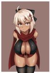  absurdres ahoge arm_guards arms_behind_back ass_visible_through_thighs bangs bare_shoulders bent_over black_bow black_coat blush border bow breasts brown_background cleavage cleavage_cutout closed_mouth commentary dark_skin eyebrows_visible_through_hair fate/grand_order fate_(series) hair_between_eyes hair_bow highres looking_at_viewer okita_souji_(alter)_(fate) okita_souji_(fate)_(all) red_scarf scarf simple_background solo tassel thighhighs tied_hair tucao_xiansen white_border white_hair yellow_eyes 