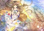  animal_ears bare_shoulders barefoot beach bell blue_eyes blue_hair blush brown_hair cat_ears cat_tail detached_sleeves dress eyebrows_visible_through_hair fang food fox_ears fox_tail from_above green_eyes hair_bell hair_ornament jewelry kneeling long_hair looking_at_viewer looking_up monaka_natsume multiple_girls necklace open_mouth original outdoors see-through tail water 
