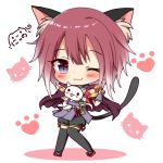  ;3 animal animal_ears animal_hug bangs bell black_legwear black_shorts blush cape cat cat_ears cat_girl cat_tail chibi closed_mouth commentary eyebrows_visible_through_hair fingerless_gloves gloves hair_between_eyes hand_up heart heart_in_mouth highres jingle_bell long_hair looking_at_viewer miyasaka_tamaki nyano21 one_eye_closed paw_pose princess_connect! princess_connect!_re:dive puffy_shorts purple_cape purple_eyes purple_gloves red_footwear red_hair ribbon_trim shirt short_shorts shorts signature solo standing tail thighhighs white_background white_shirt zouri 