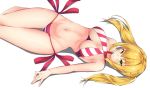  ass_visible_through_thighs bangs bikini blonde_hair blush breasts cleavage closed_mouth commentary criss-cross_halter eyebrows_visible_through_hair fate/grand_order fate_(series) fingernails green_eyes groin hair_between_eyes halter_top halterneck large_breasts long_hair looking_at_viewer lying navel nero_claudius_(fate)_(all) nero_claudius_(swimsuit_caster)_(fate) on_back red_bikini shadow side-tie_bikini sidelocks siroimo0828 solo striped striped_bikini swimsuit twintails white_background 