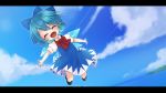  :d ^_^ black_footwear blue_bow blue_dress blue_hair blue_sky blush bow cirno closed_eyes cloud collared_shirt commentary day dress dutch_angle facing_viewer fang flying hair_bow horizon ice ice_wings ocean open_mouth outdoors outstretched_arms puffy_short_sleeves puffy_sleeves red_bow reo_(re2kn) shirt shoes short_hair short_sleeves sky sleeveless sleeveless_dress smile socks solo spread_arms touhou water white_legwear white_shirt wings 