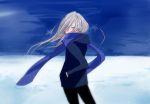  absurdres bad_id bad_pixiv_id blue_eyes hair_over_one_eye hands_in_pockets highres kikai_ningen long_hair looking_back male_focus scarf silver_hair solo teenage viktor_nikiforov younger yuri!!!_on_ice yuri!!!_on_ice_the_movie:_ice_adolescence 