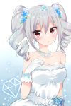  bare_shoulders blush breasts diamond_(symbol) dress drill_hair earrings flower gloves hair_flower hair_ornament hand_on_own_chest idolmaster idolmaster_cinderella_girls jewelry kanzaki_ranko medium_breasts mio_(mgr300) necklace red_eyes silver_hair solo strapless strapless_dress tiara twin_drills upper_body white_dress white_gloves 