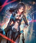  artist_request belt black_hair briefcase brown_eyes cygames dei_secret_agent gloves hand_on_hip indoors jacket laser_beam leather leather_gloves leather_jacket leather_pants light_trail long_hair looking_to_the_side midriff navel official_art pants shadowverse sleeves_rolled_up solo umbrella unbuttoned 