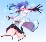  1girl alternate_costume alternate_hairstyle ass blue_hair cherry_blossoms coat gloves hair_ornament long_hair looking_back maria_traydor open_mouth panties pantyshot ponytail sawa shiny shiny_hair shiny_skin skirt solo star_ocean star_ocean_anamnesis star_ocean_till_the_end_of_time thighhighs tongue underwear 